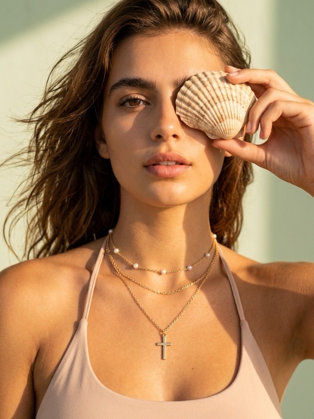 Gold Layered Cross Necklace with Pearl Station - Women Jewelry